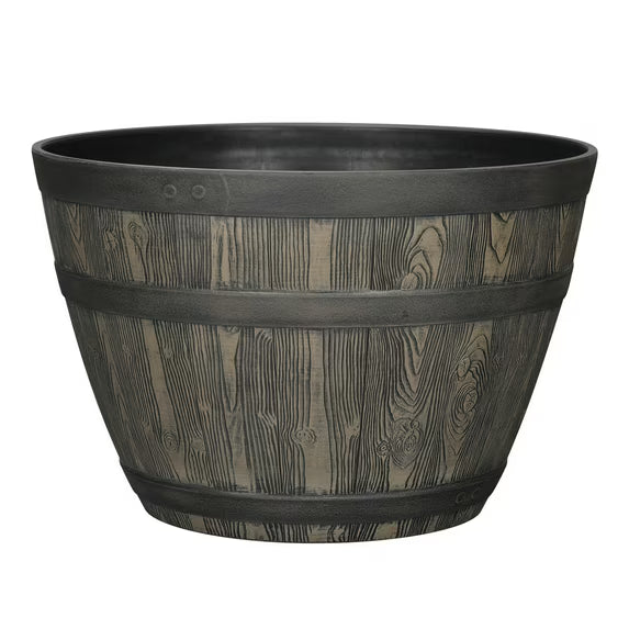 Whiskey Barrel Brown Resin Planter, 15.8in x 15.8in x 10.3in