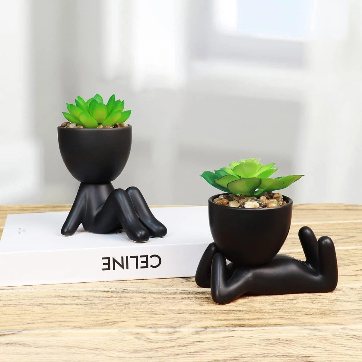 2PCS Cute Artificial Succulent Plants with Creative Human Shaped Pots