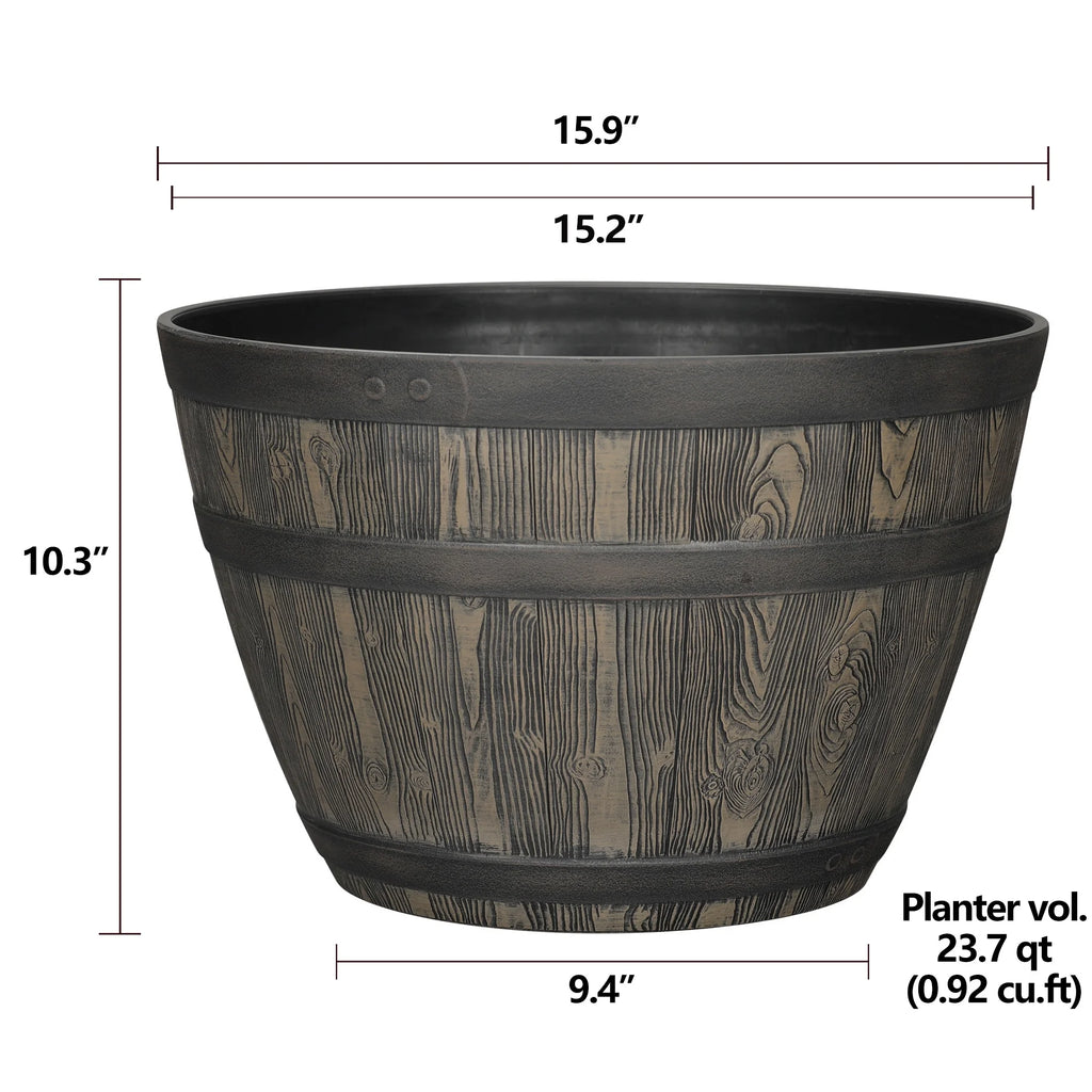 Whiskey Barrel Brown Resin Planter, 15.8in x 15.8in x 10.3in