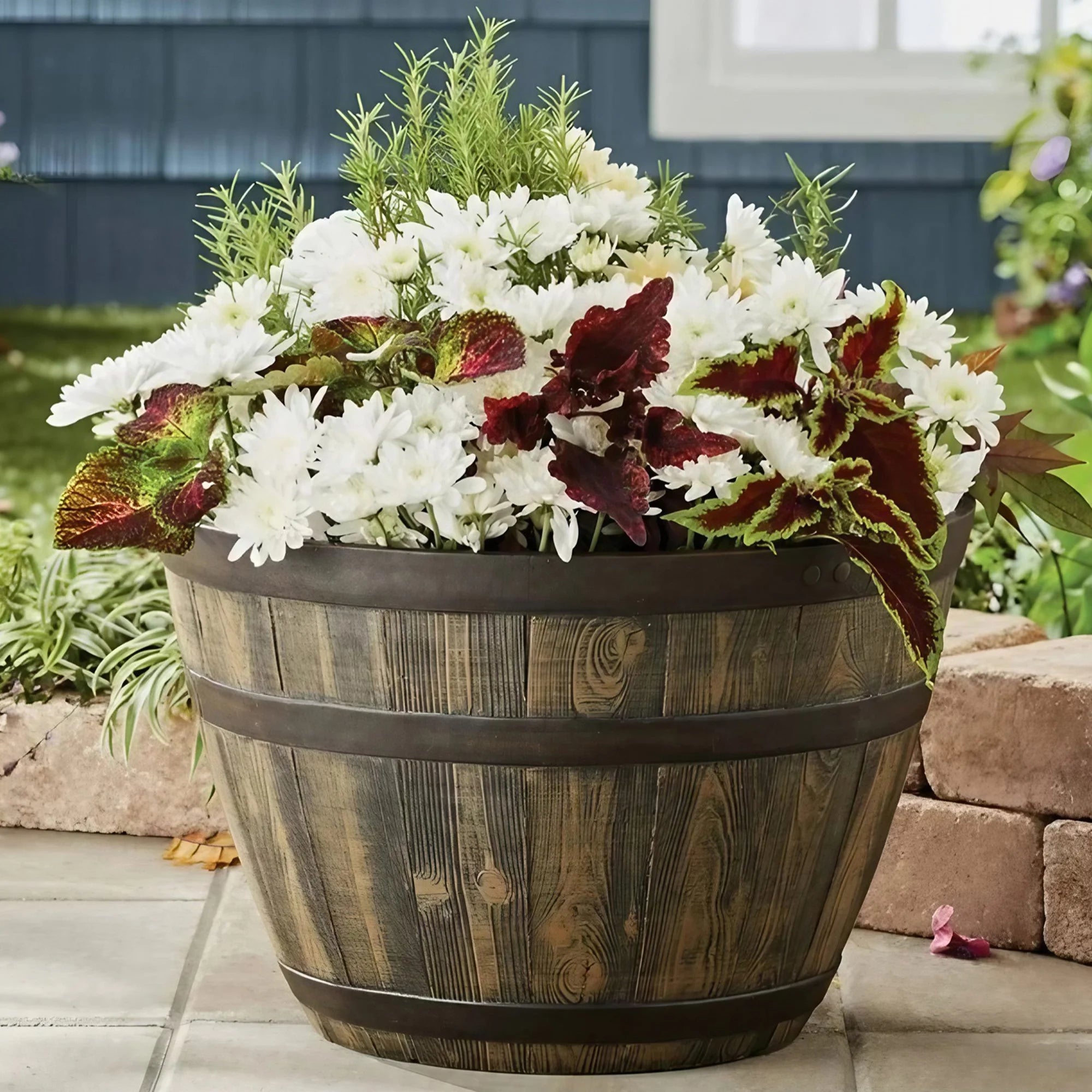 Whiskey Barrel Brown Resin Planter, 15.8in x 15.8in x 10.3in